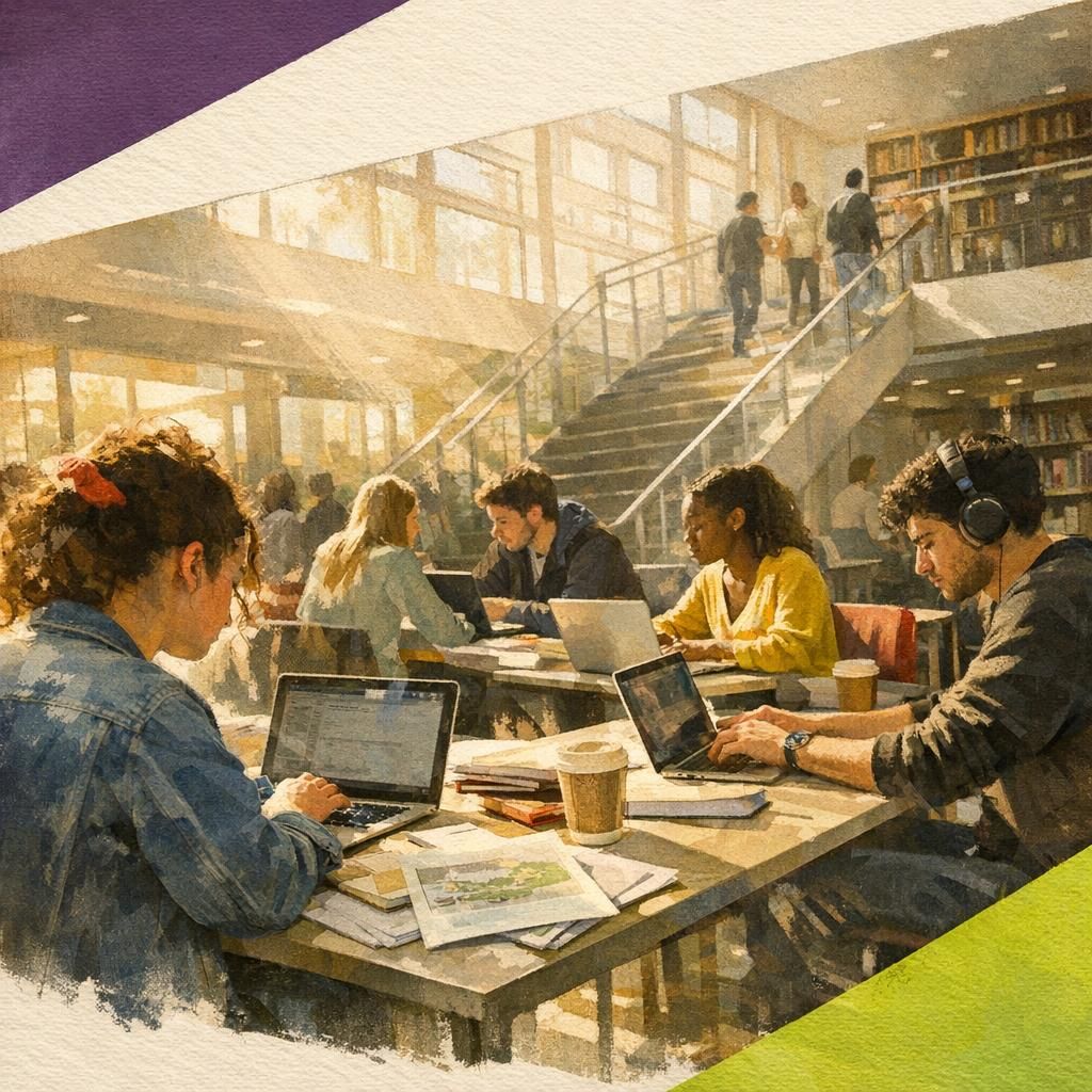 Étudiants dans une bibliothèque universitaire moderne